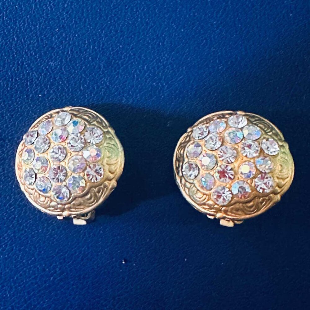 Vintage Old Hollywood Style Rhinestone Button Clip Gold Tone 1980s Earrings